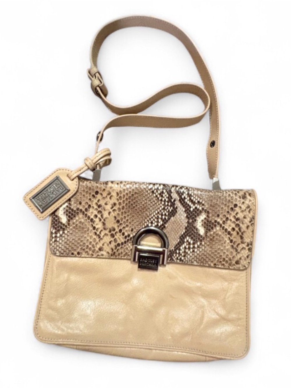Vintage Badgley Mischka Beige Snake-Print Flap Shoulder Bag